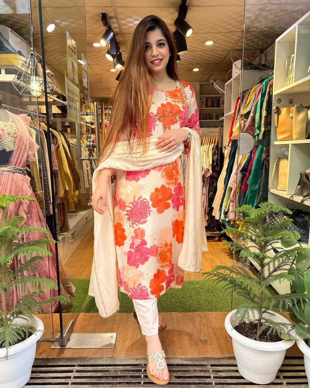 Floral Digital Print Kurti Pant Dupatta Set (Stitched)