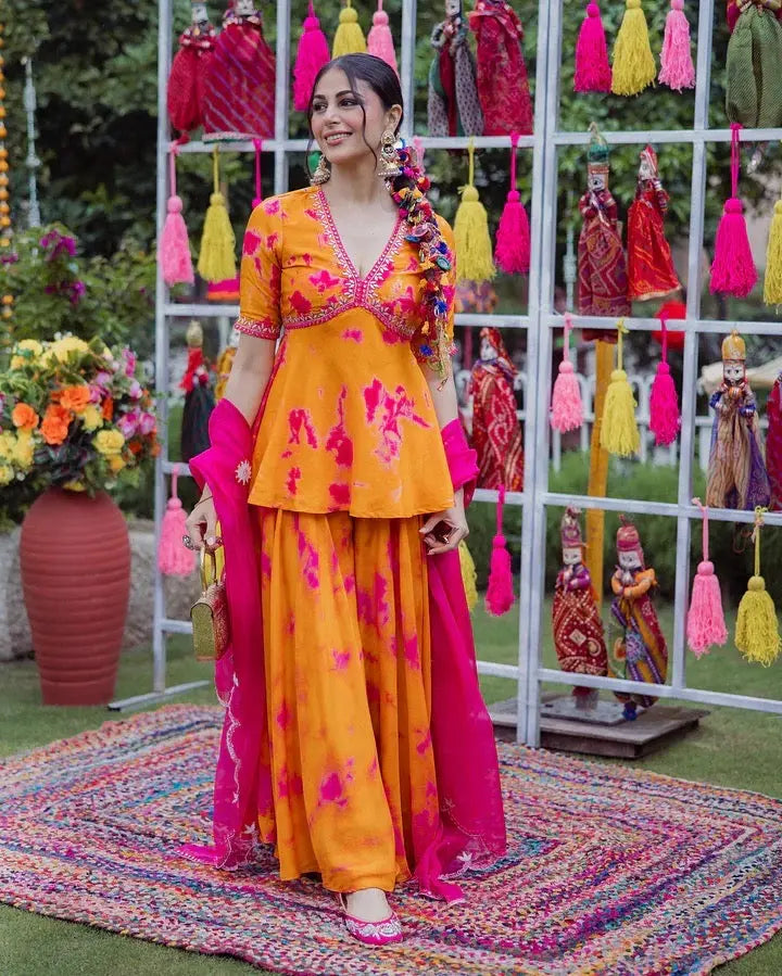 French Crepe Fabric Digital Print Work Flair Top 3Pc Kurti Pant Dupatta Set (Ready to Wear)