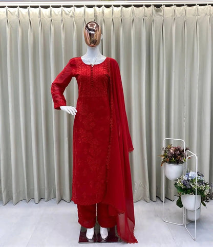 Georgette Chikankari Kurti Palazzo Dupatta Set (Ready to Wear)