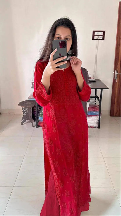 Georgette Chikankari Kurti Palazzo Dupatta Set (Ready to Wear)