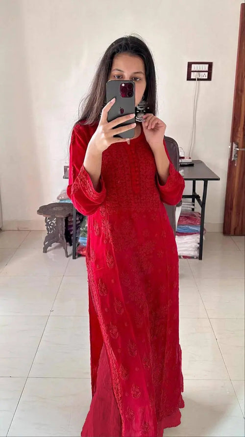 Georgette Chikankari Kurti Palazzo Dupatta Set (Ready to Wear)