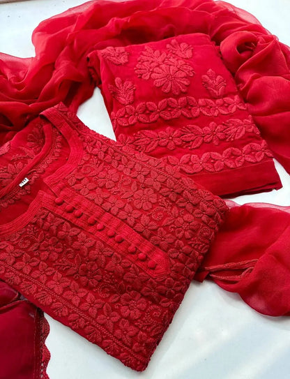 Georgette Chikankari Kurti Palazzo Dupatta Set (Ready to Wear)