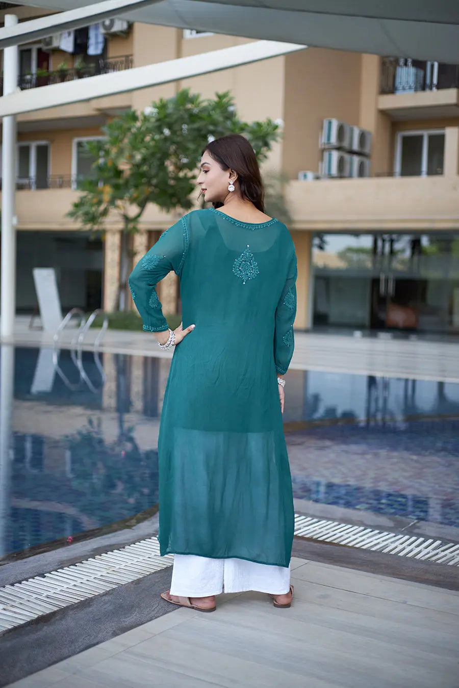 Georgette Mirror Work Chikankari Kurti Palazzo (Ready To Wear)
