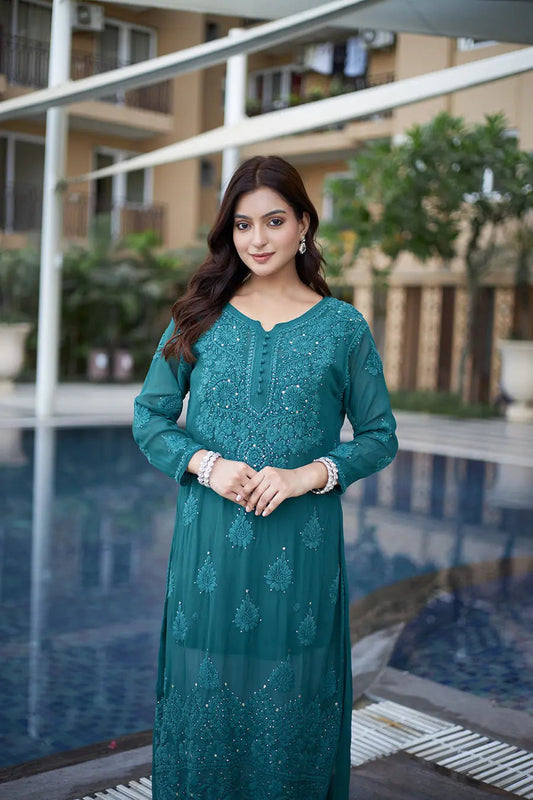 Georgette Mirror Work Chikankari Kurti Palazzo (Ready To Wear)