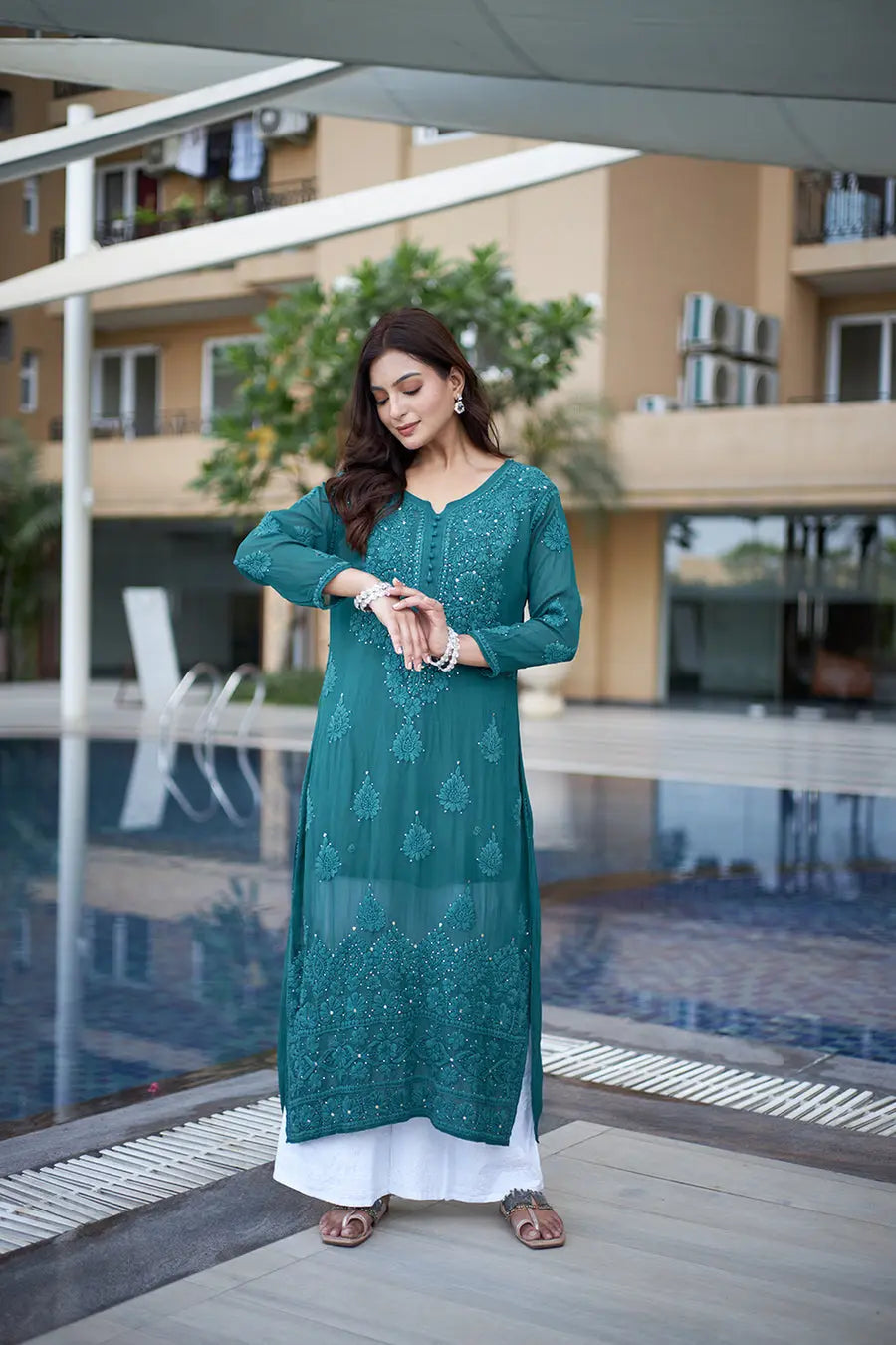 Georgette Mirror Work Chikankari Kurti Palazzo (Ready To Wear)