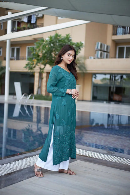 Georgette Mirror Work Chikankari Kurti Palazzo (Ready To Wear)