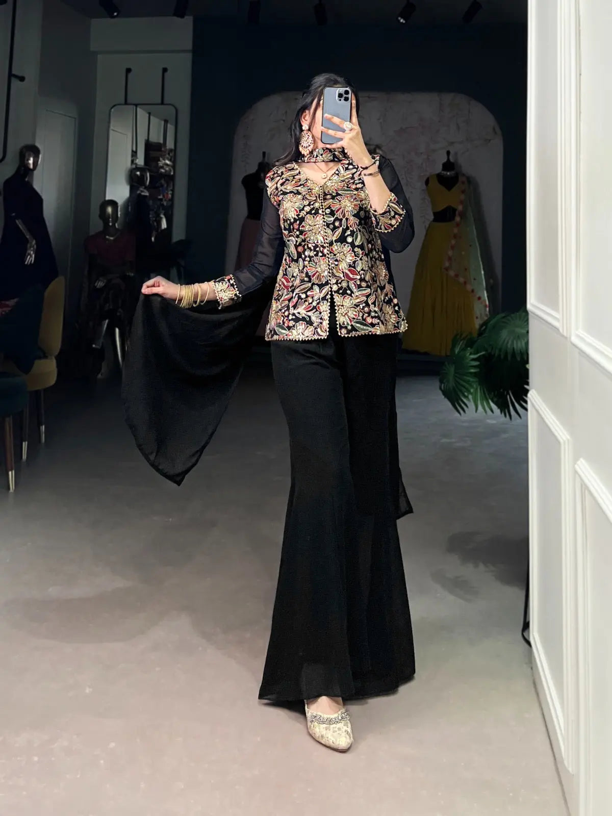 Georgette Threa Embroidery work Black Beauty Kurti Sharara Dupatta Set