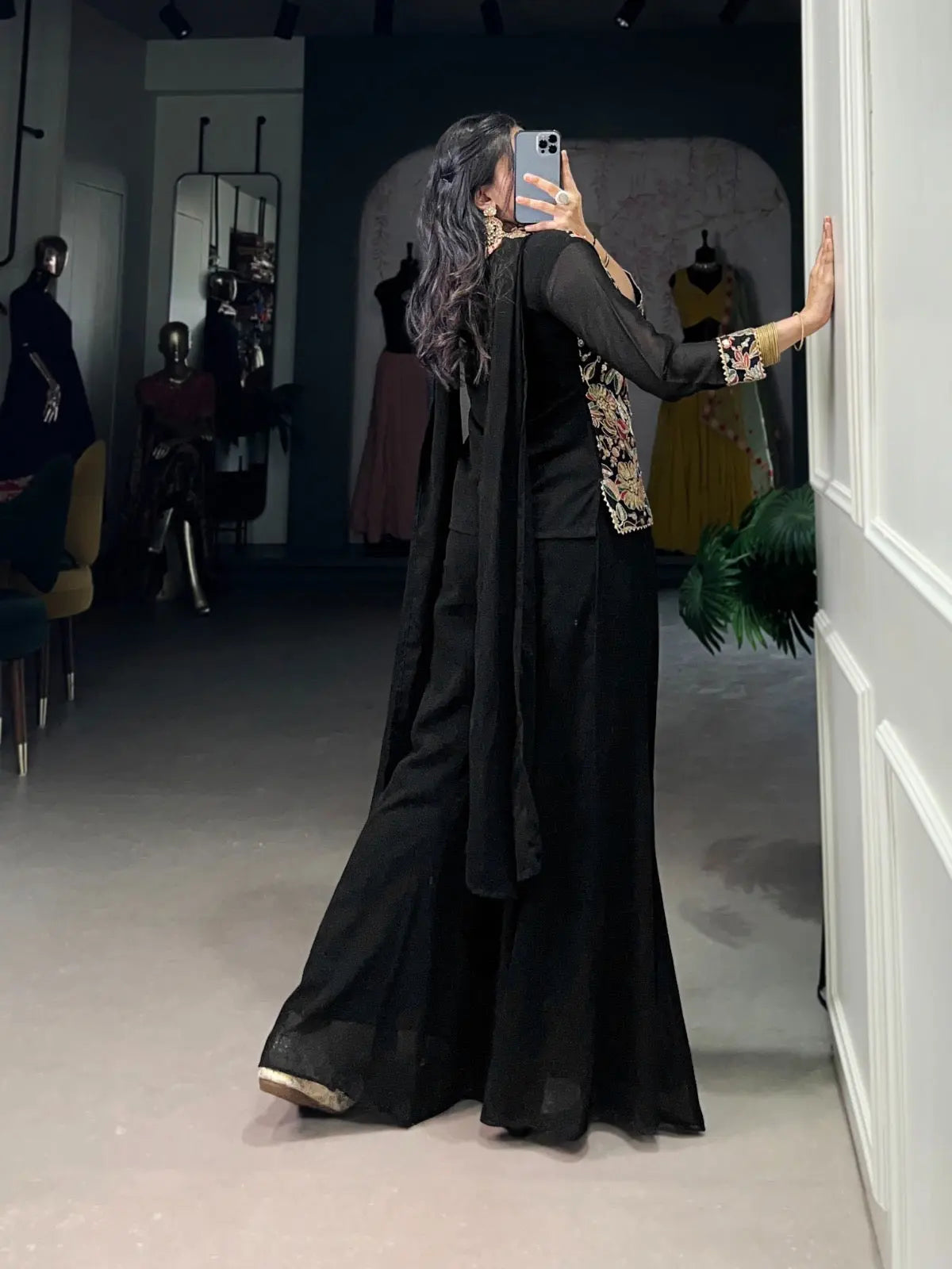 Georgette Threa Embroidery work Black Beauty Kurti Sharara Dupatta Set