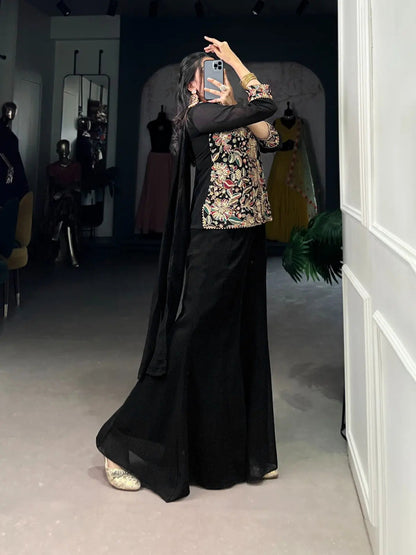 Georgette Threa Embroidery work Black Beauty Kurti Sharara Dupatta Set