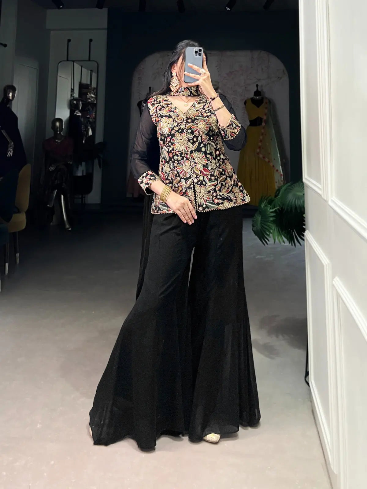 Georgette Threa Embroidery work Black Beauty Kurti Sharara Dupatta Set