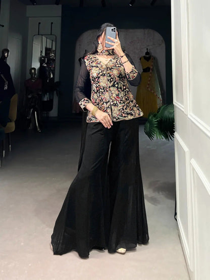 Georgette Threa Embroidery work Black Beauty Kurti Sharara Dupatta Set