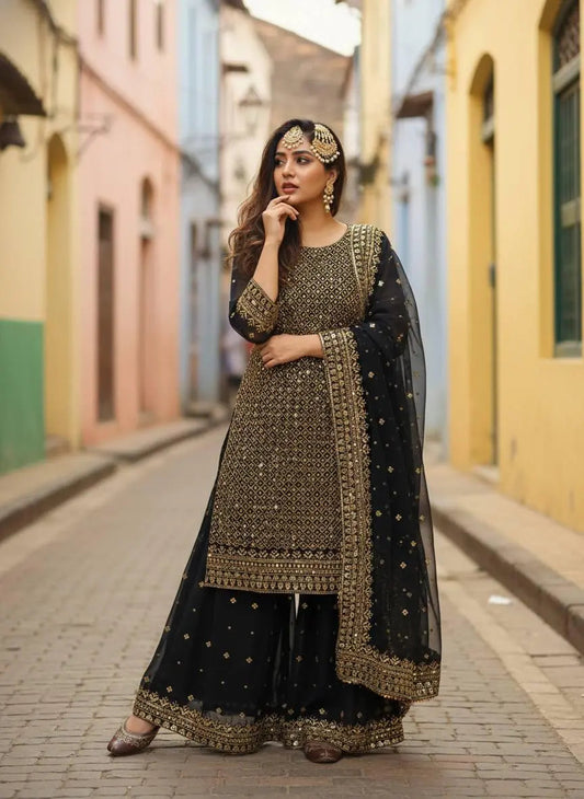 Georgette Zari Embroidery Work Kurti Palazzo Dupatta Set