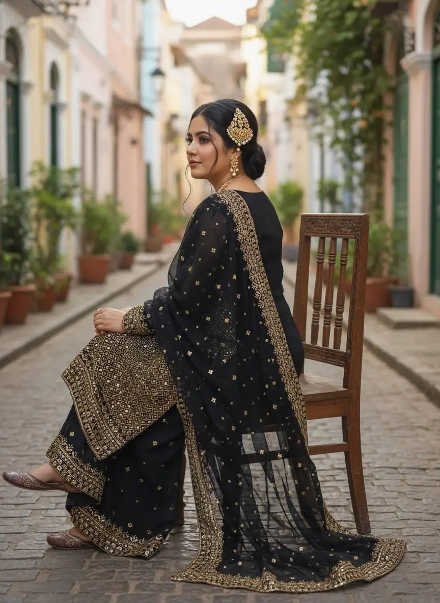 Georgette Zari Embroidery Work Kurti Palazzo Dupatta Set