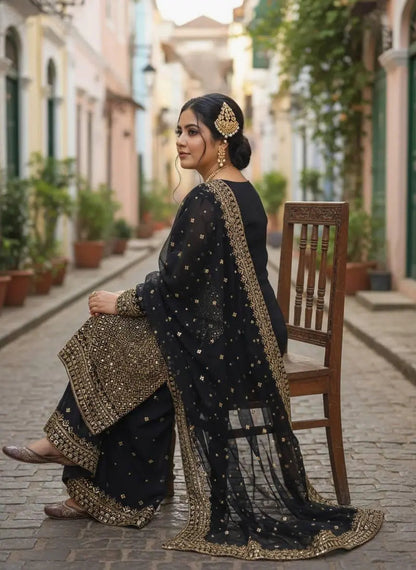 Georgette Zari Embroidery Work Kurti Palazzo Dupatta Set