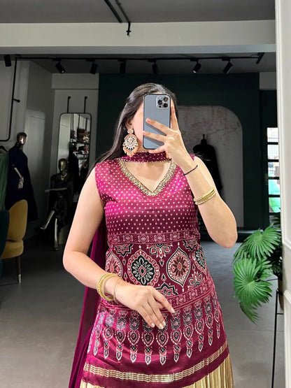 Ghazi Silk Block Print Golden Lagdi Patta work Kurti Palazo Dupatta Set (Ready to Wear)