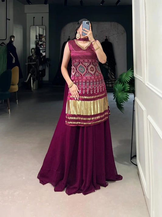 Ghazi Silk Block Print Golden Lagdi Patta work Kurti Palazo Dupatta Set (Ready to Wear)
