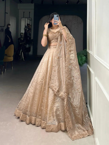 Gold Crush Fabric Party Wear Lehenga Choli Dupatta Set (Ready To Wear)