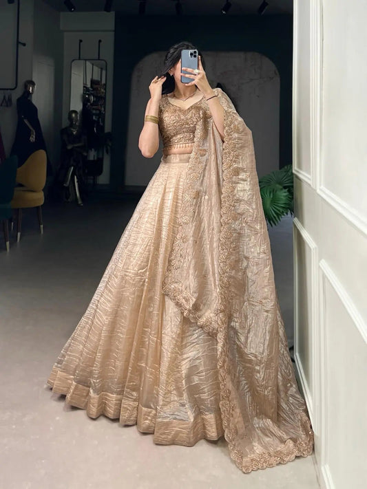 Gold Crush Fabric Party Wear Lehenga Choli Dupatta Set (Ready To Wear)