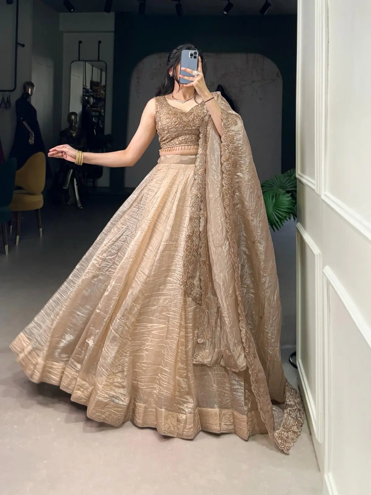 Gold Crush Fabric Party Wear Lehenga Choli Dupatta Set (Ready To Wear)
