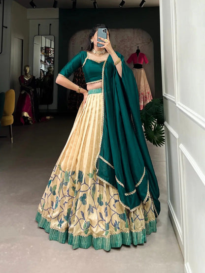 Green Silk Printed Lace work Lehenga Choli Set