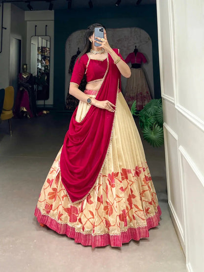 Green Silk Printed Lace work Lehenga Choli Set