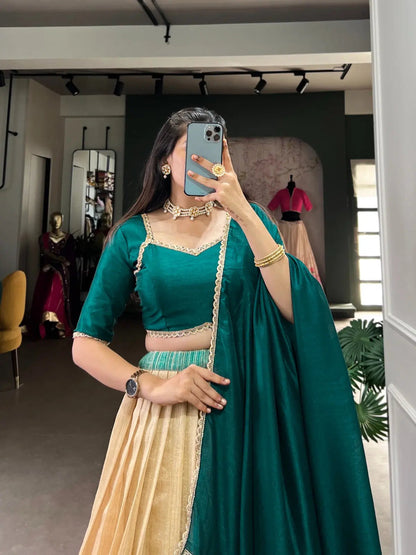Green Silk Printed Lace work Lehenga Choli Set