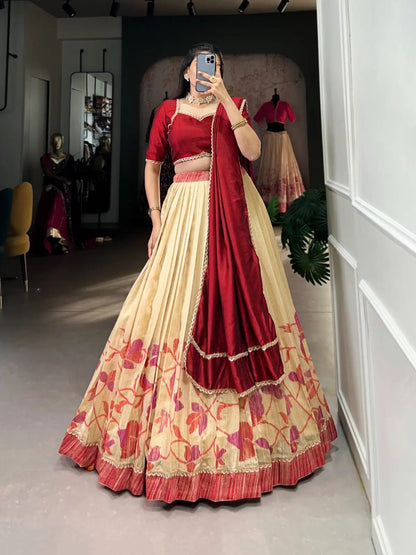 Green Silk Printed Lace work Lehenga Choli Set