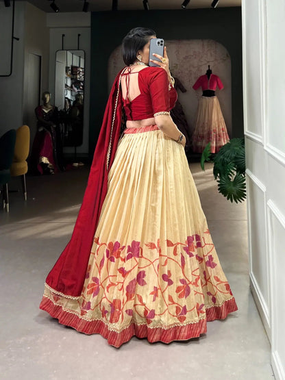 Green Silk Printed Lace work Lehenga Choli Set