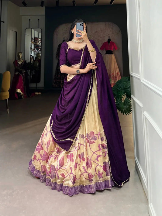 Green Silk Printed Lace work Lehenga Choli Set