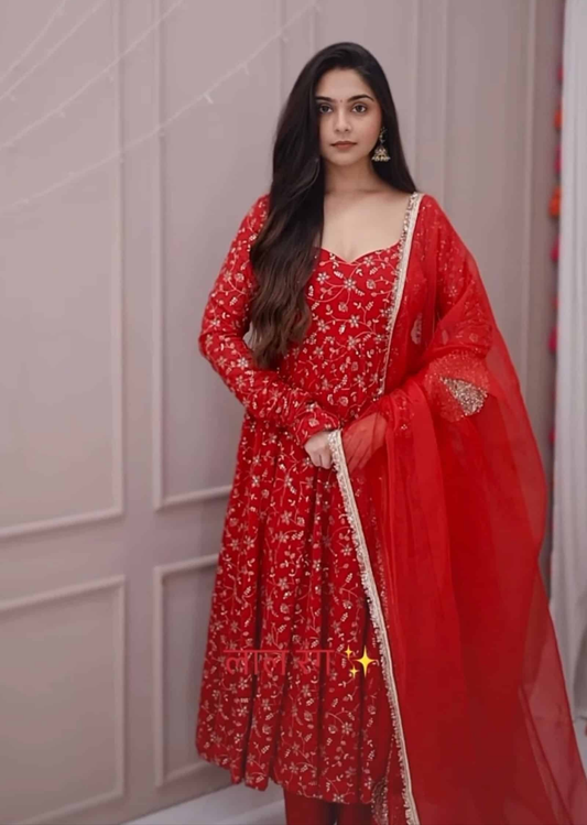 Stunning Red Colour  Premium Anarkali Suit Set