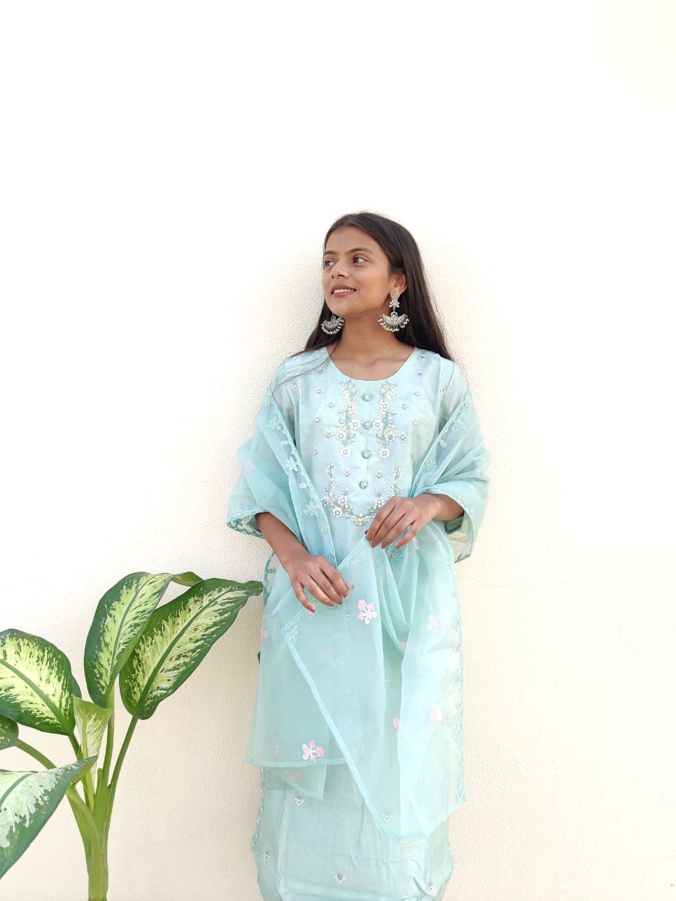 Turquoise Mirror Embroidered Suit Set