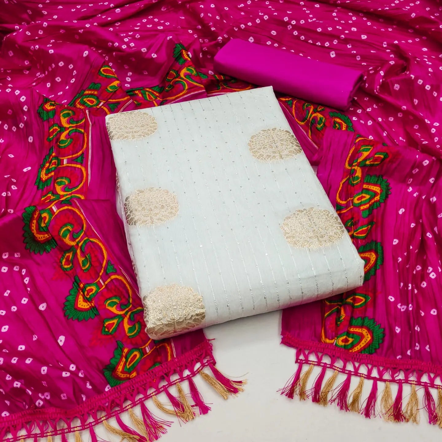 Jeckard Butta Croset work Bandhani Print Dupatta Dress Material (Unstitched)