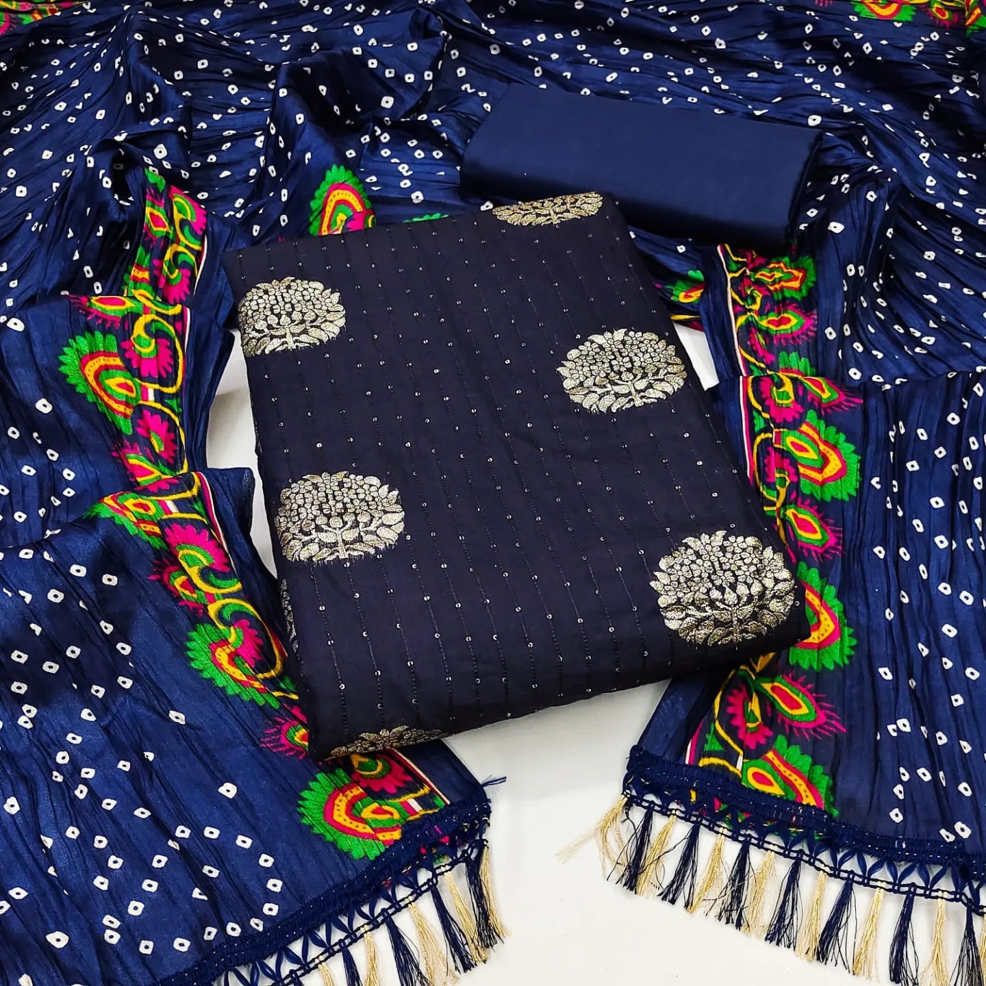 Jeckard Butta Croset work Bandhani Print Dupatta Dress Material (Unstitched)