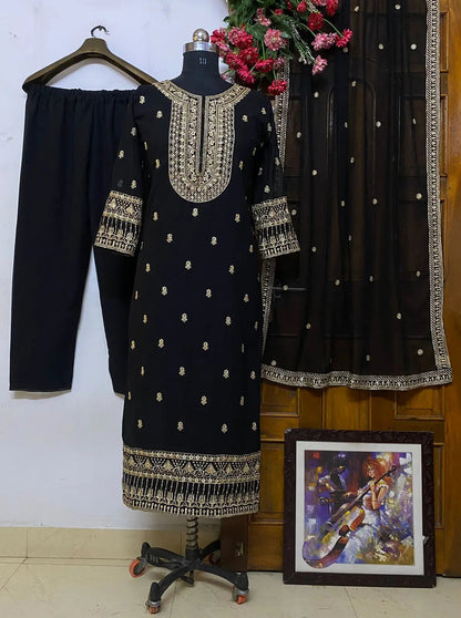 Georgette Neck Embroidery work Kurti Palazzo Dupatta Set