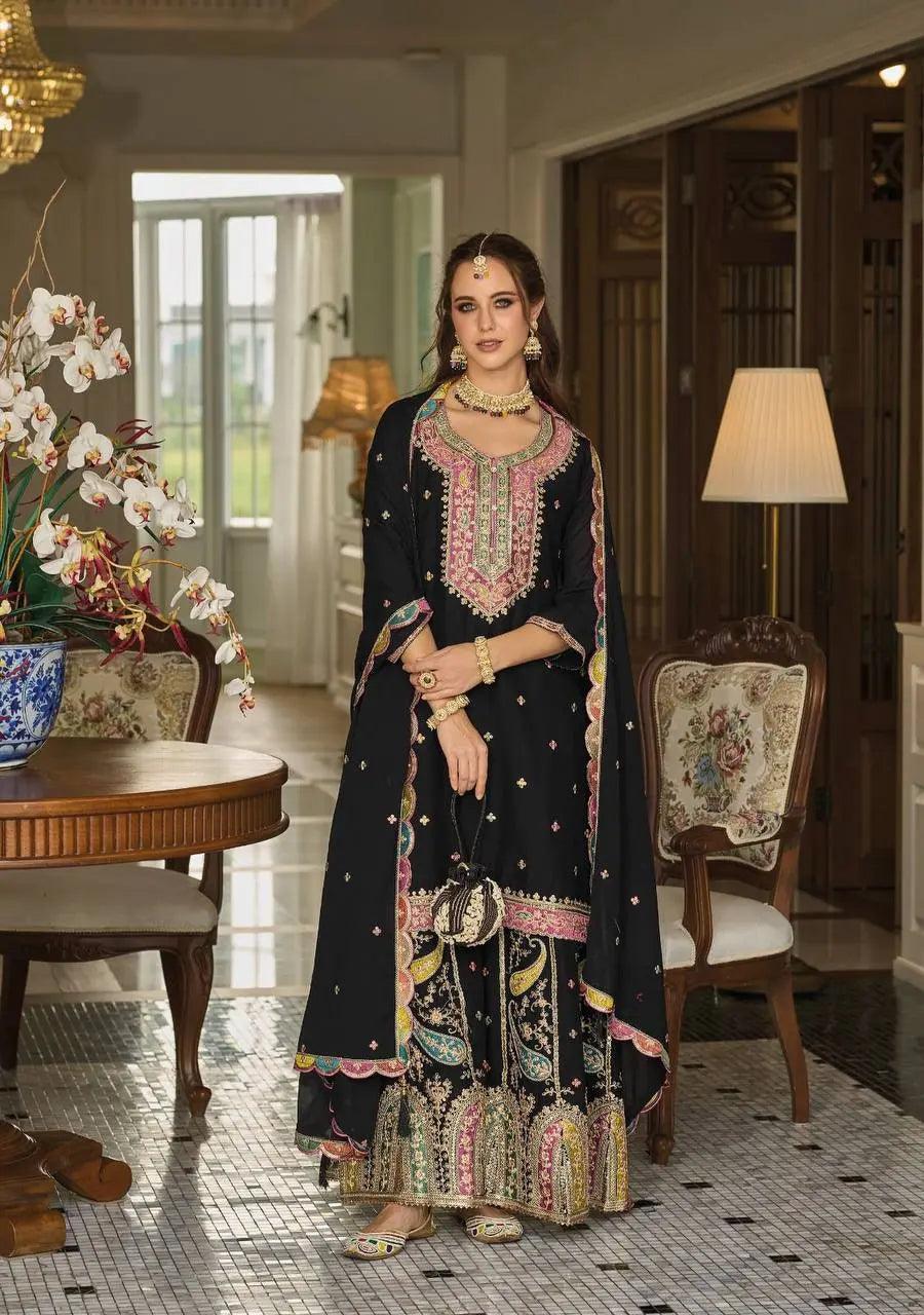 Georgette Embroidery work Kurti Palazzo Dupatta Set