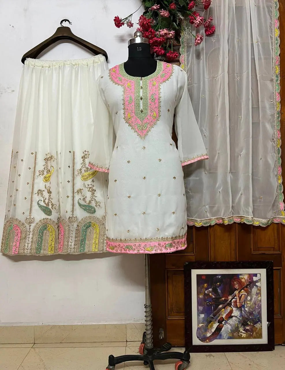Georgette Embroidery work Kurti Palazzo Dupatta Set