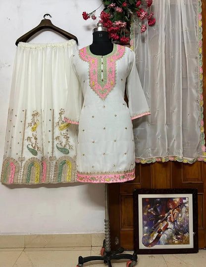 Georgette Embroidery work Kurti Palazzo Dupatta Set