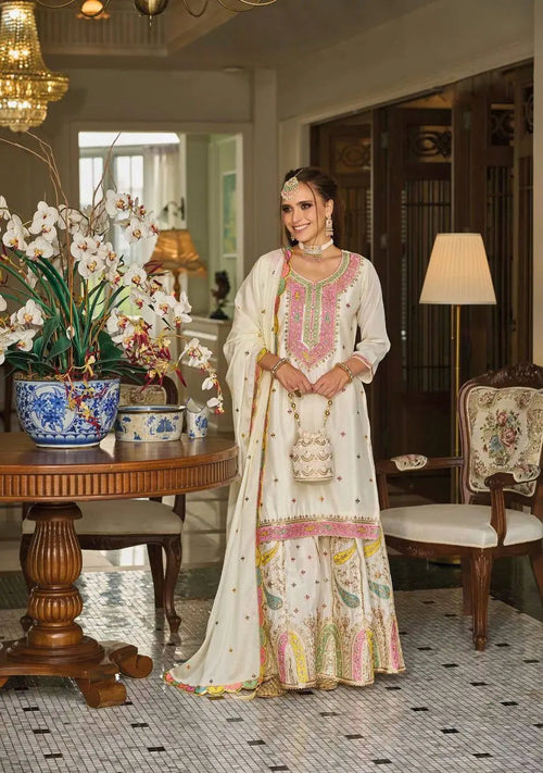 Georgette Embroidery work Kurti Palazzo Dupatta Set