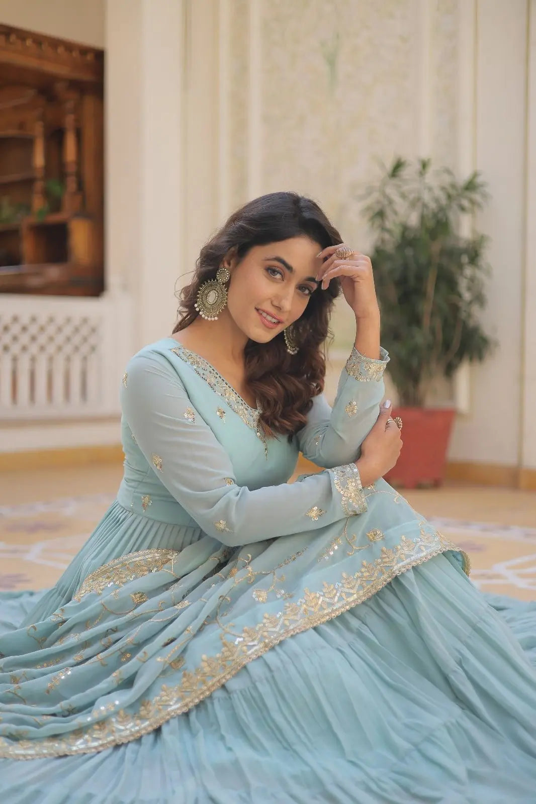 Faux Georgette seqence work Gown Dupatta Set