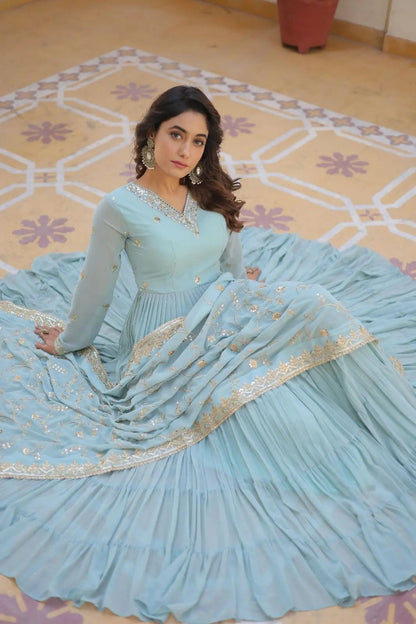 Faux Georgette seqence work Gown Dupatta Set