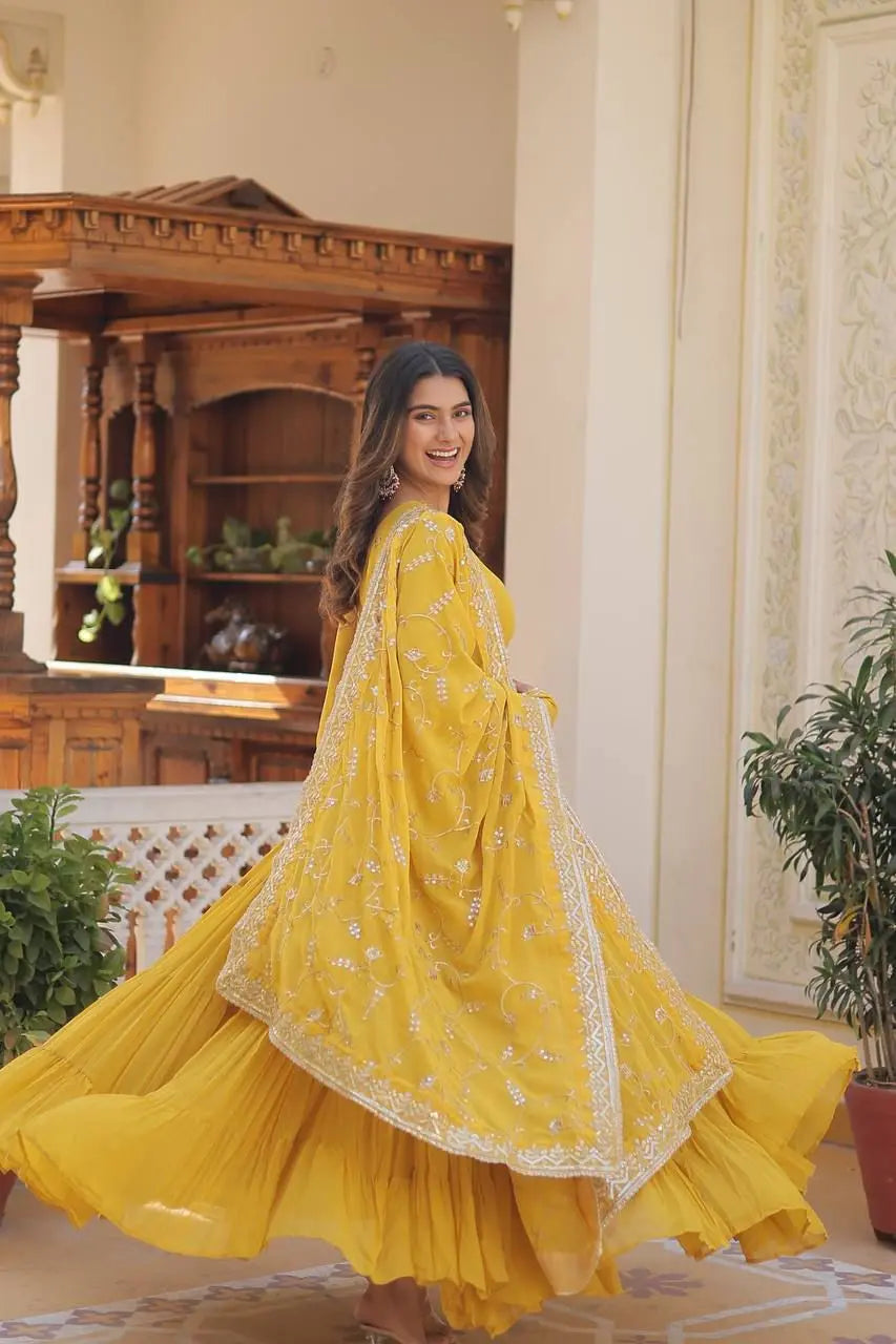 Faux Georgette seqence work Gown Dupatta Set