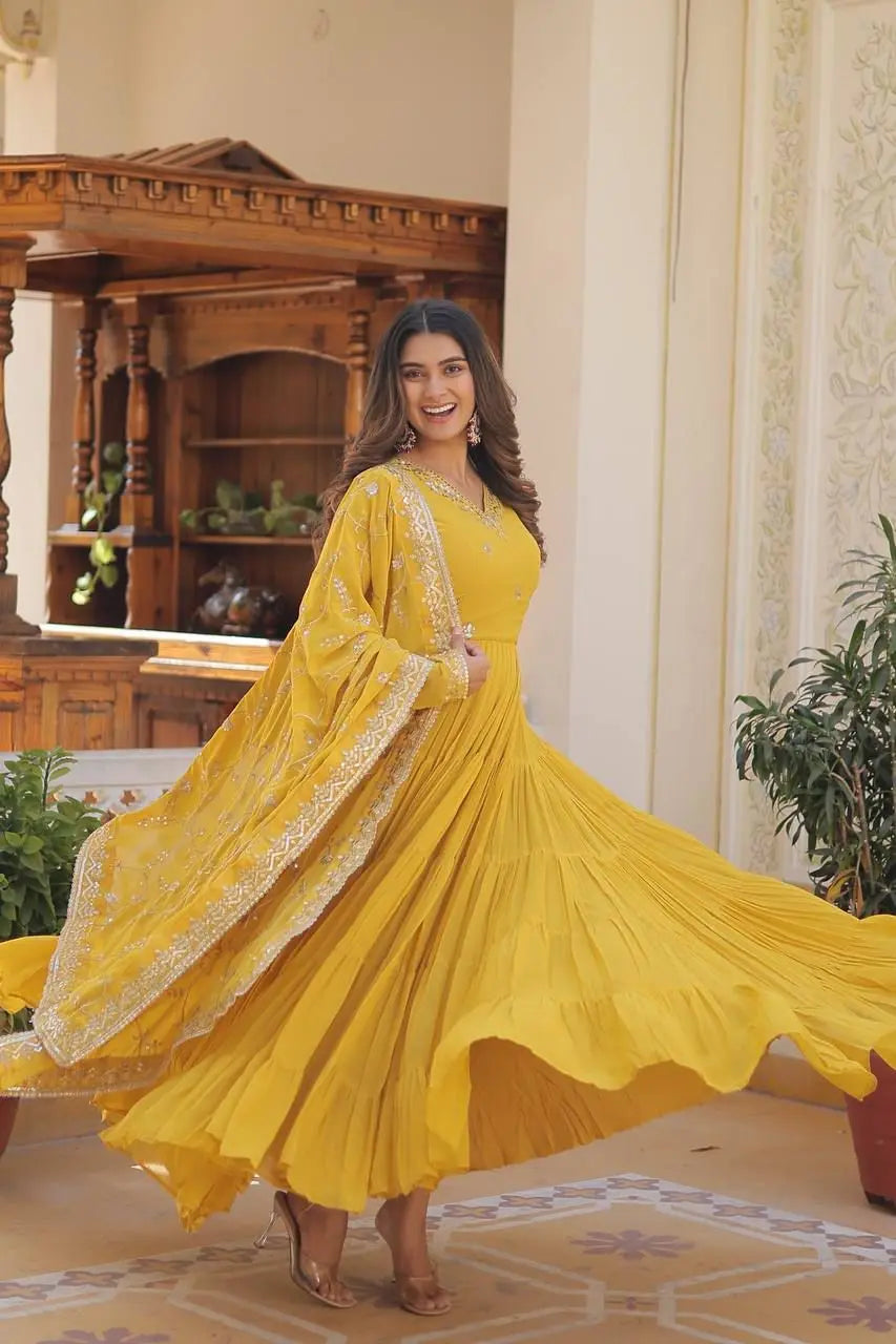 Faux Georgette seqence work Gown Dupatta Set