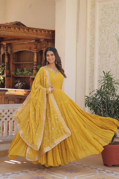 Faux Georgette seqence work Gown Dupatta Set