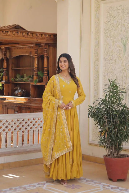 Faux Georgette seqence work Gown Dupatta Set