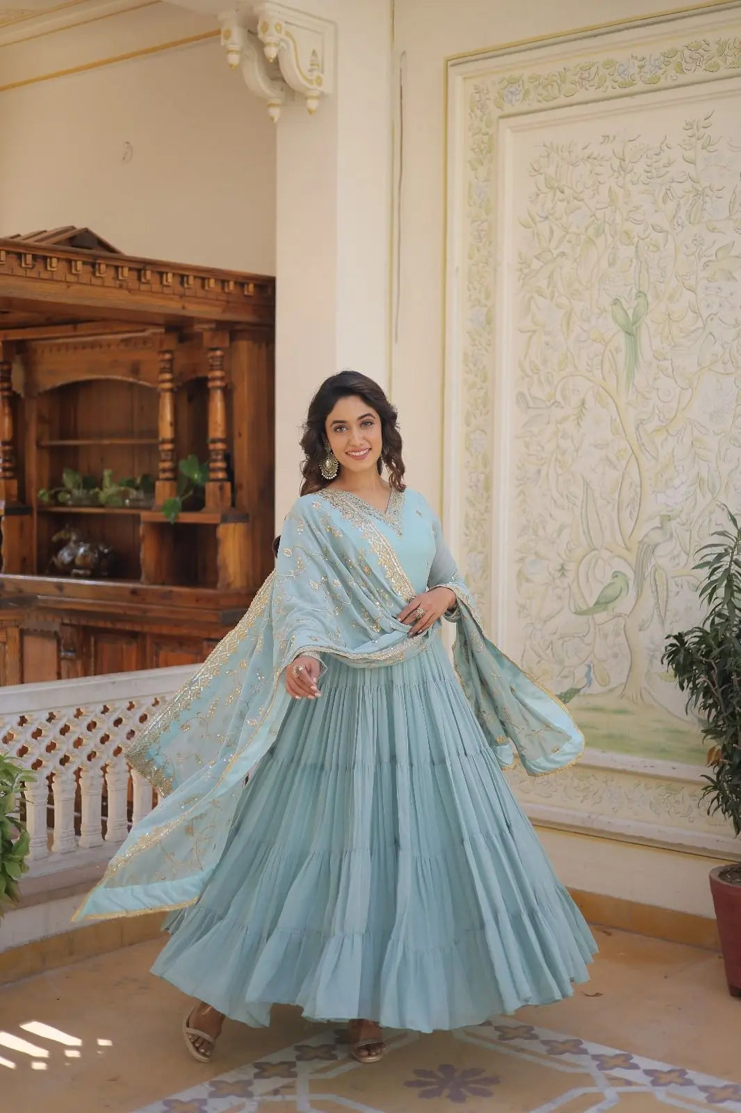 Faux Georgette seqence work Gown Dupatta Set