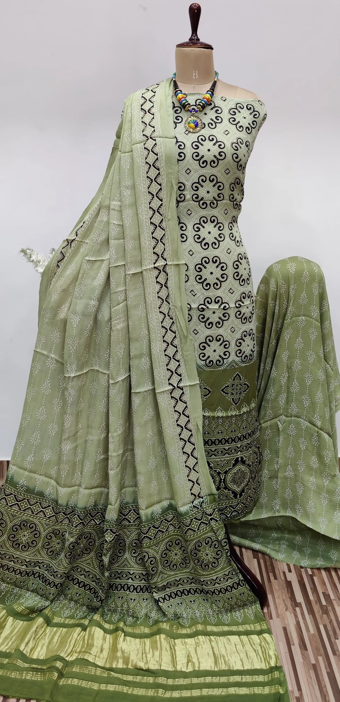 Modal Gazi Silk Hand Blocked Ajrakh Print Dress Material