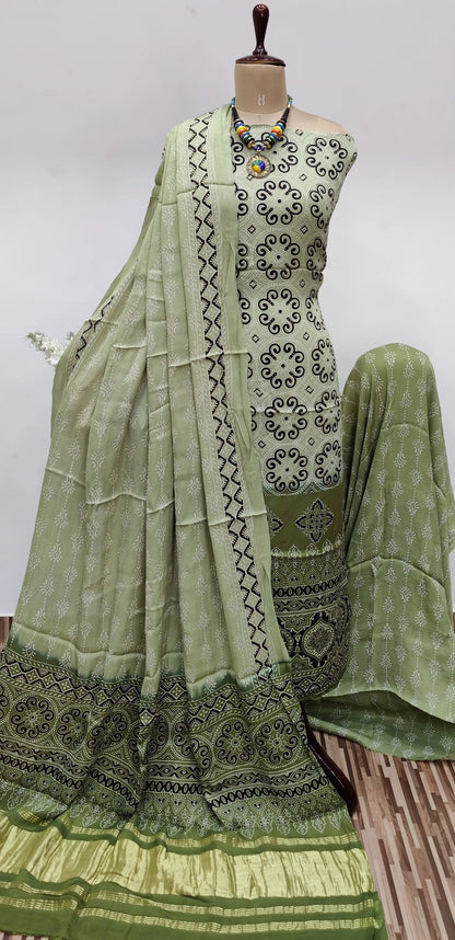 Modal Gazi Silk Hand Blocked Ajrakh Print Dress Material