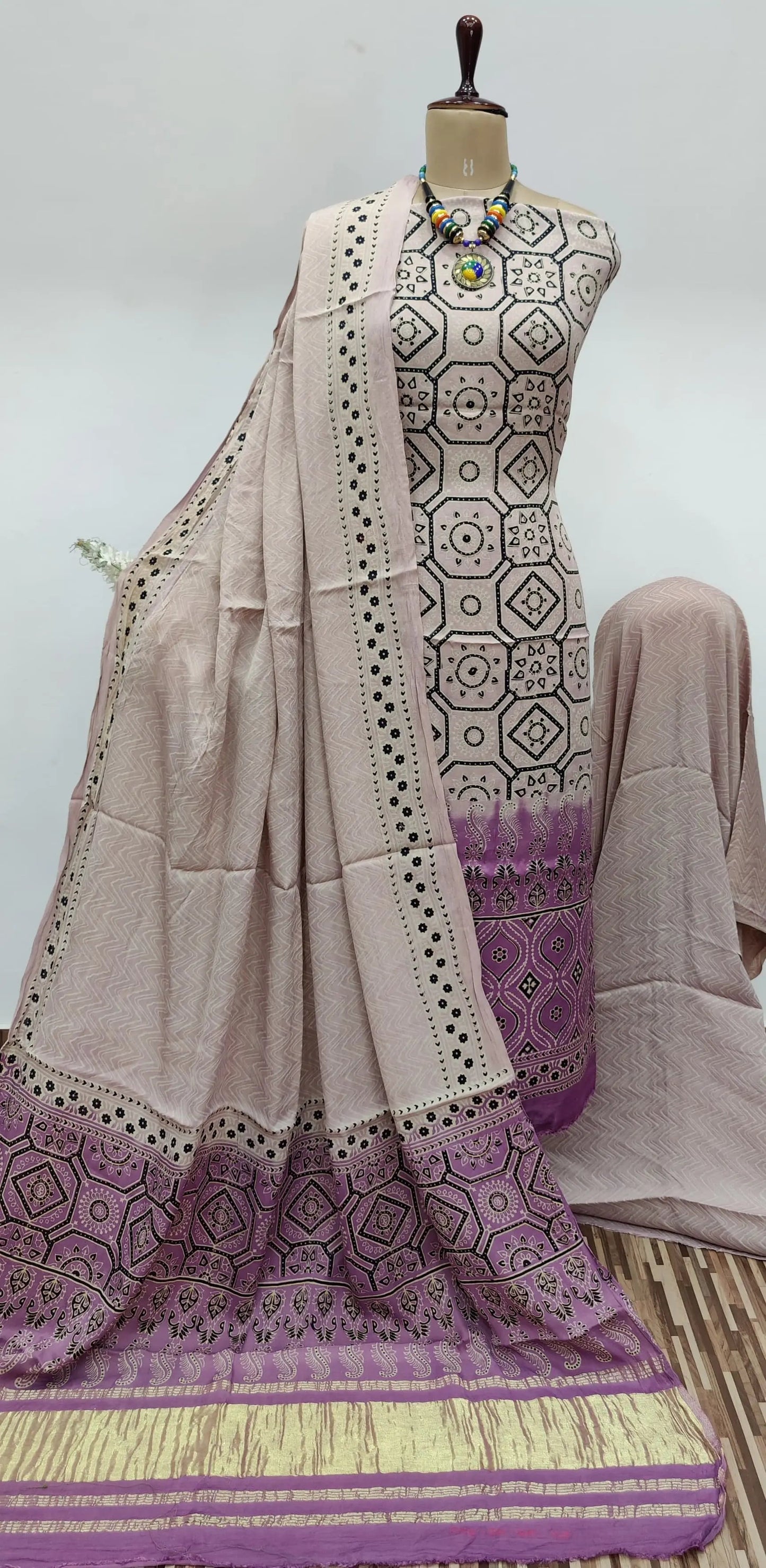 Modal Gazi Silk Hand Blocked Ajrakh Print Dress Material