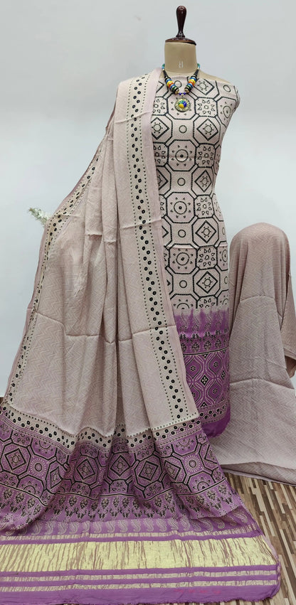 Modal Gazi Silk Hand Blocked Ajrakh Print Dress Material