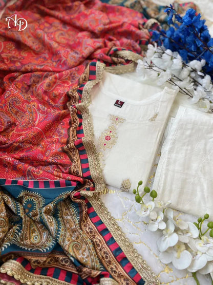 Jeckard Silk Embroidery Zari work Kurti Pant dupatta  Set